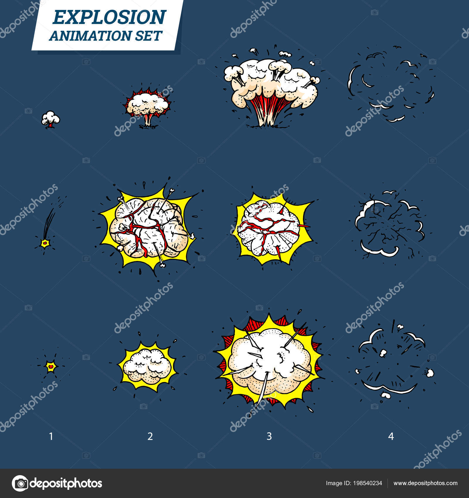 Значки Взрывов Установлены На Белом Фоне. Мультфильм Комический.