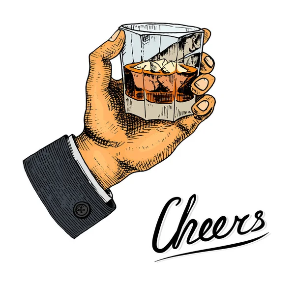 Vintage American whiskey badge. Alcoholic Label with calligraphic elements. Classic frame for poster banner. Glass with strong drink. Cheers toast. Hand drawn engraved sketch lettering for t-shirt. — Stock Vector