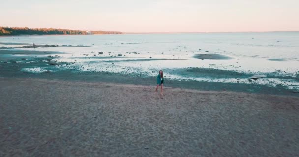 Praia incrível e oceano azul. Menina bonita desfrutar da vida. Férias. vista horizontal. jovem mulher em um contexto de uma paisagem. O Golfo da Finlândia. Mar Báltico. Conceito para turistas itinerantes . — Vídeo de Stock