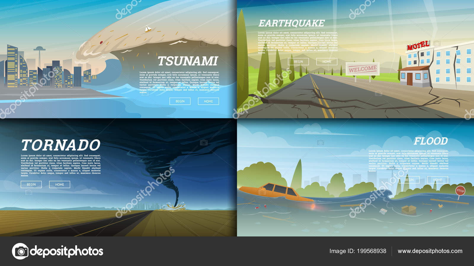 Set Of Natural Disaster Or Cataclysms Catastrophe And Crisis