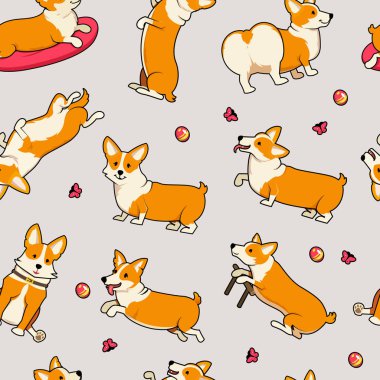 Seamless modeli. Sevimli köpek beyaz zemin üzerine Galce Corgi Pembroke yetiştirmek. Aile içi bir evcil hayvan, kızlar için mutlu bir kraliyet hayvan. Komik kırmızı saçlı köpek yavrusu bir tilki gibi görünüyor. Vektör çizim.
