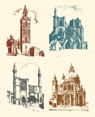 Tarihi eski bina. Cephe Venedik. Gothic barok tarzı. Antik mimari İtalya Caddesi'nin. Beyaz arka plan üzerinde Avrupa şehri. Vektör çizim. Elle çizilmiş kroki kazınmış.
