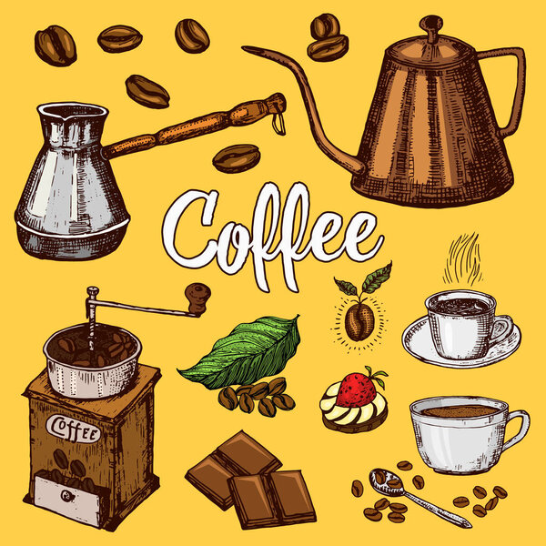 Traditional Filter Coffee Maker. Modern vintage elements, percolator, plants, grain and kettle for the shop menu. Vector illustration. engraved hand drawn in old sketch for card, badges, labels.