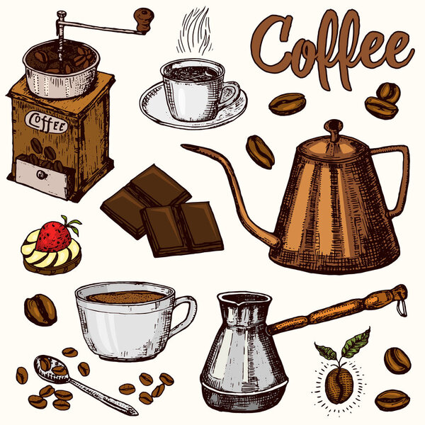 Traditional Filter Coffee Maker. Modern vintage elements, percolator, plants, grain and kettle for the shop menu. Vector illustration. engraved hand drawn in old sketch for card, badges, labels.