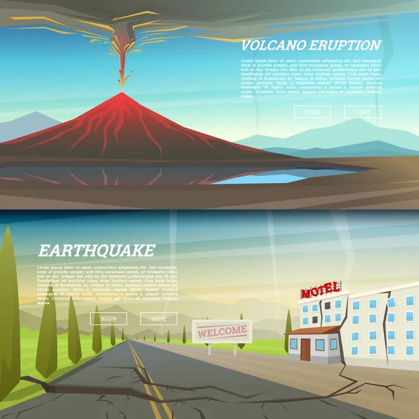 漏れマグマの背景とアクティブな火山の噴火。自然災害や大洪水。地面の隙間で地震。亀裂の破滅の家。溶岩を発煙します。ポスター、web およびカードの山の風景. — ストックベクタ
