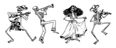 Ölülerin günü. Meksika Ulusal tatil. İspanyolca Dia de Los Muertos orijinal yazıt. İskelet kostüm dans, oyun keman, trompet ve gitar. Elle çizilmiş kroki kazınmış.