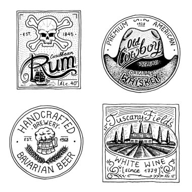 Vintage Amerikan ROM şarap viski bira rozeti. Kaligrafi elemanları ile alkol etiket. Klasik çerçeve poster afiş için. Güçlü içki. El oyulmuş kroki yazı t-shirt için çekilmiş.