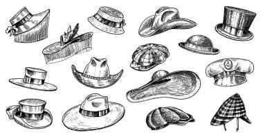 Yaz şapka vintage koleksiyonu şık erkek, kadın, erkek ve bayanlar için. Fedora Derby Deerstalker Homburg Melon saman bere Kaptan kovboy Porkpie hasır şapka. Retro moda seti. İngiliz tarzı. Elle çizilmiş