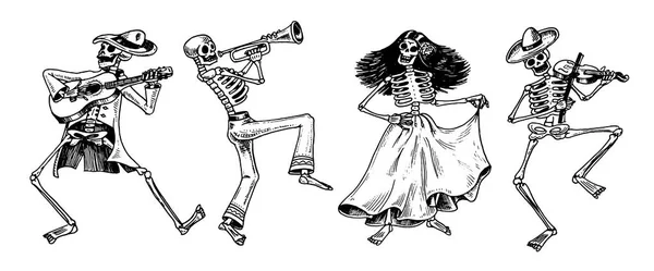 Day of the dead. Mexican national holiday. Original inscription in Spanish Dia de los Muertos. Skeletons in costumes dance, play the violin, trumpet and guitar. Hand drawn engraved sketch. — Stock Vector