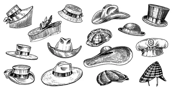 Collezione Summer Hats vintage per uomini, donne, donne, donne eleganti. Fedora Derby Deerstalker Homburg Bowler Berretto di paglia Capitano Cowboy Porkpie Boater. Set moda retrò. Stile inglese. Disegnato a mano — Vettoriale Stock