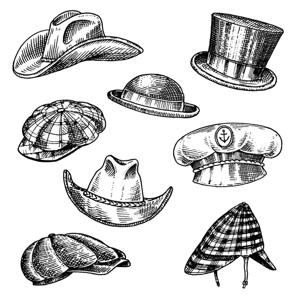 エレガントな男の夏帽子ビンテージ コレクションです。Fedora ダービー鹿撃ち帽ホンブルク ボウラー ストロー ベレー キャプテン カウボーイ Porkpie カンカン帽ハンチング。レトロなファッションのセット。英語のスタイルです。手描きのスケッチ. — ストックベクタ