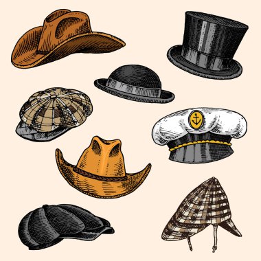 Summer Hats vintage collection for elegant men. Fedora Derby Deerstalker Homburg Bowler Straw Beret Captain Cowboy Porkpie Boater Peaked cap. Retro fashion set. English style. Hand drawn sketch. clipart