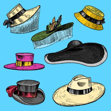 Yaz şapka koleksiyonu şık kadın, erkek ve bayanlar için. Retro moda vintage seti. Breton Panama, geniş-ağzına kadar kambur Cloche, Poke kaporta. Elle çizilmiş vintage kroki kazınmış.