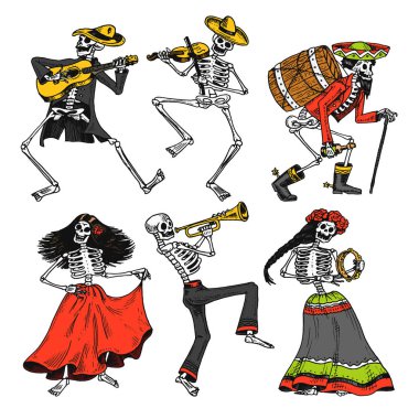 Ölülerin günü. Meksika Ulusal tatil. İspanyolca Dia de Los Muertos orijinal yazıt. İskelet kostüm dans, oyun keman, trompet ve gitar. Elle çizilmiş kroki kazınmış.