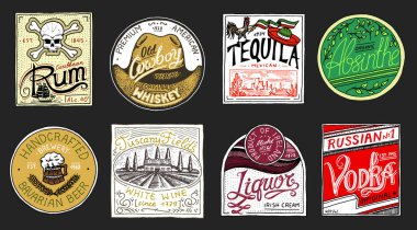 Vintage Amerikan rozeti. Pelin tekila votka likörü ROM şarap güçlü viski bira. Kaligrafi elemanları ile alkol etiket. Poster afiş için çerçeve. T-shirt için oyulmuş yazı el çekilmiş.