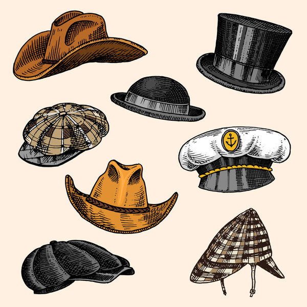 Summer Hats vintage collection for elegant men. Fedora Derby Deerstalker Homburg Bowler Straw Beret Captain Cowboy Porkpie Boater Peaked cap. Retro fashion set. English style. Hand drawn sketch.