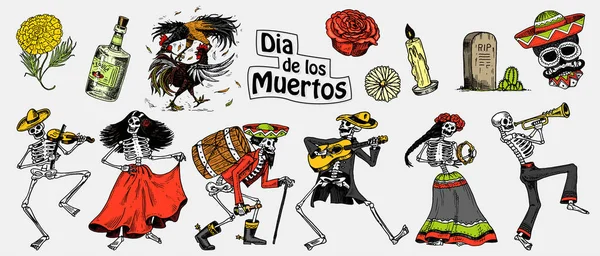 Dag van de doden. Mexicaanse nationale feestdag. Oorspronkelijke inscriptie in Spaans Dia de los Muertos. Skeletten in kostuums dans, spelen viool, trompet en gitaar. Hand getrokken schets gegraveerd. — Stockvector
