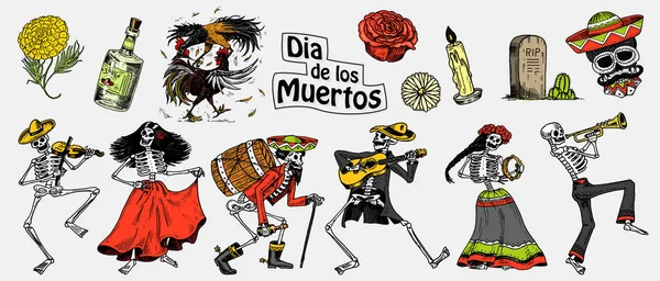 El día de los muertos. Fiesta Nacional Mexicana. Inscripción original en español Dia de los Muertos. Esqueletos en trajes bailan, tocan el violín, trompeta y guitarra. Dibujo grabado a mano . — Archivo Imágenes Vectoriales