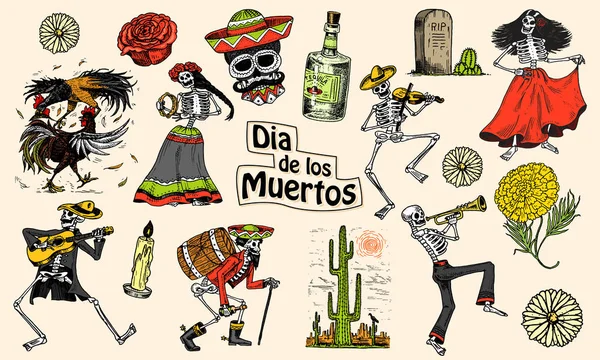 Dia dos mortos. Feriado nacional mexicano. Inscrição original em espanhol Dia de los Muertos. Esqueletos em trajes dançam, tocam violino, trompete e guitarra. Desenho gravado à mão . — Vetor de Stock