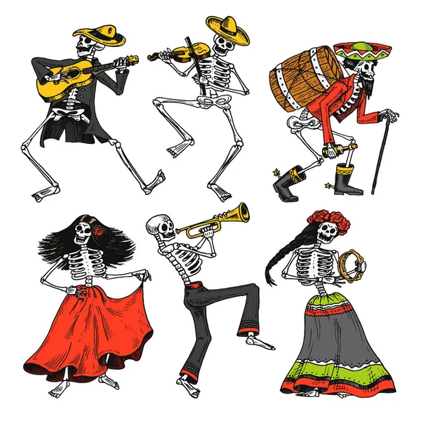 Dia dos mortos. Feriado nacional mexicano. Inscrição original em espanhol Dia de los Muertos. Esqueletos em trajes dançam, tocam violino, trompete e guitarra. Desenho gravado à mão . — Vetor de Stock