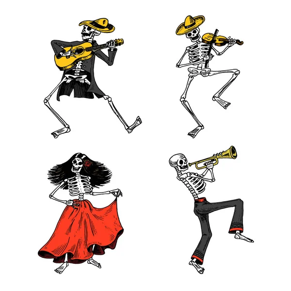 Dia dos mortos. Feriado nacional mexicano. Inscrição original em espanhol Dia de los Muertos. Esqueletos em trajes dançam, tocam violino, trompete e guitarra. Desenho gravado à mão . — Vetor de Stock