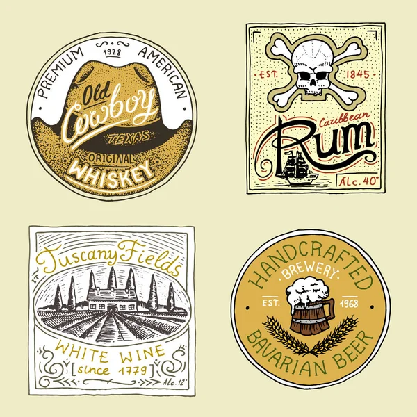 Vintage American Rum Wein Whiskey Beer Badge. Alkoholetikett mit kalligrafischen Elementen. klassischer Rahmen für Plakatbanner. starkes Getränk. Handgezeichnete Skizze Schriftzug für T-Shirt. — Stockvektor