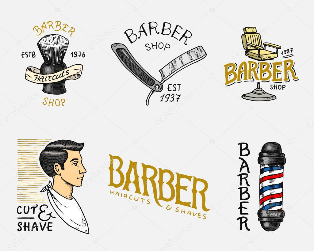 Set of barbershop badge and label, logo and hipster emblems. Tools for man icon. Haircut of beard and mustache. Brush and razor for shaving. Engraved hand drawn in old vintage sketch. Modern Lettering