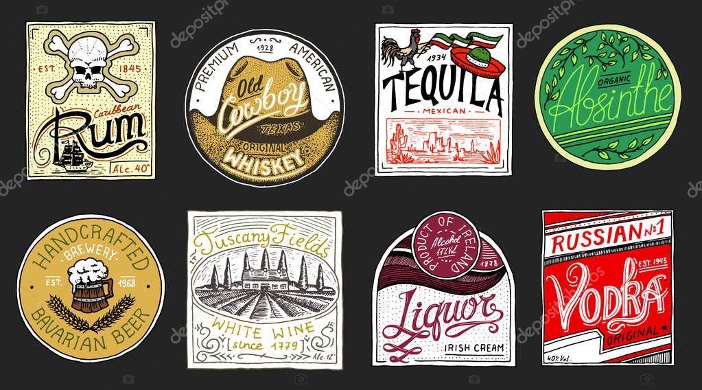 Vintage American badge. Absinthe Tequila Vodka Liqueur Rum Wine Strong whiskey Beer. Alcohol Label with calligraphic elements. Frame for poster banner. Hand drawn engraved lettering for t-shirt