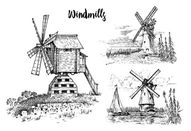 Yel değirmeni çizilmiş veya kazınmış vintage, retro el peyzaj stil, ekolojik fırın logosu, buğday alan eski bina ile kullanmak olabilir. Kırsal organik tarımsal üretim. Vektör çizim.