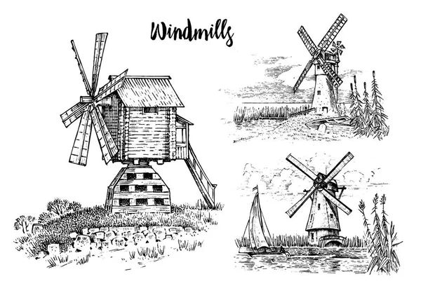 Yel değirmeni çizilmiş veya kazınmış vintage, retro el peyzaj stil, ekolojik fırın logosu, buğday alan eski bina ile kullanmak olabilir. Kırsal organik tarımsal üretim. Vektör çizim.