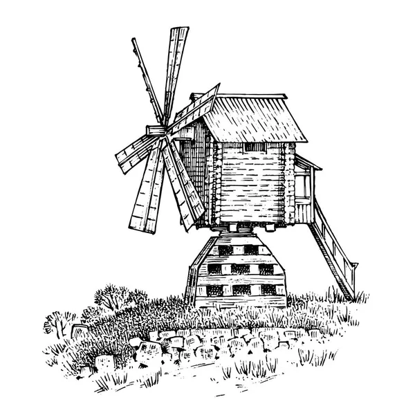 Yel değirmeni çizilmiş veya kazınmış vintage, retro el peyzaj stil, ekolojik fırın logosu, buğday alan eski bina ile kullanmak olabilir. Kırsal organik tarımsal üretim. Vektör çizim.