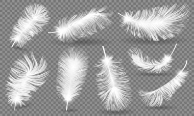 Gerçekçi Kabarık tüy. Afiş, el ilanları, web, poster, kart için mavi arka plan üzerinde beyaz kuş tüyleri döndürdüm düşüyor. uyumak için yastık. uyumak için yastık aşağı kullanım için