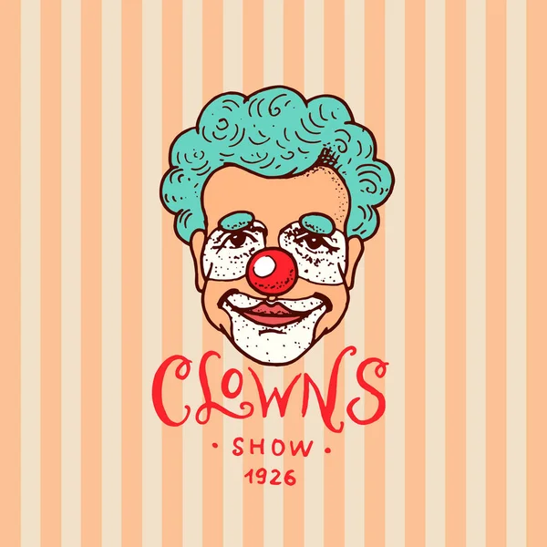 Badge de clown de cirque. Un drôle de rétro. Logo ou emblème de carnaval vintage. Étiquette pour la bannière et le spectacle du festival. Joli arlequin. croquis dessiné à la main . — Image vectorielle