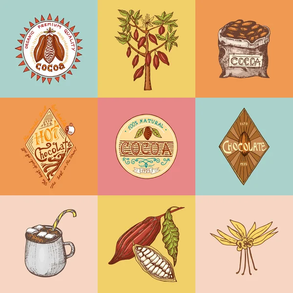 Kakao çekirdekleri ve sıcak çikolata logolar. Modern vintage rozetleri dükkanı menü için. Bir çiftlikte meyve tohumları. hat sanatı tarzı çerçeveleri, etiketleri için. Tarım ürünleri. oyulmuş elle çizilmiş eski kroki. — Stok Vektör