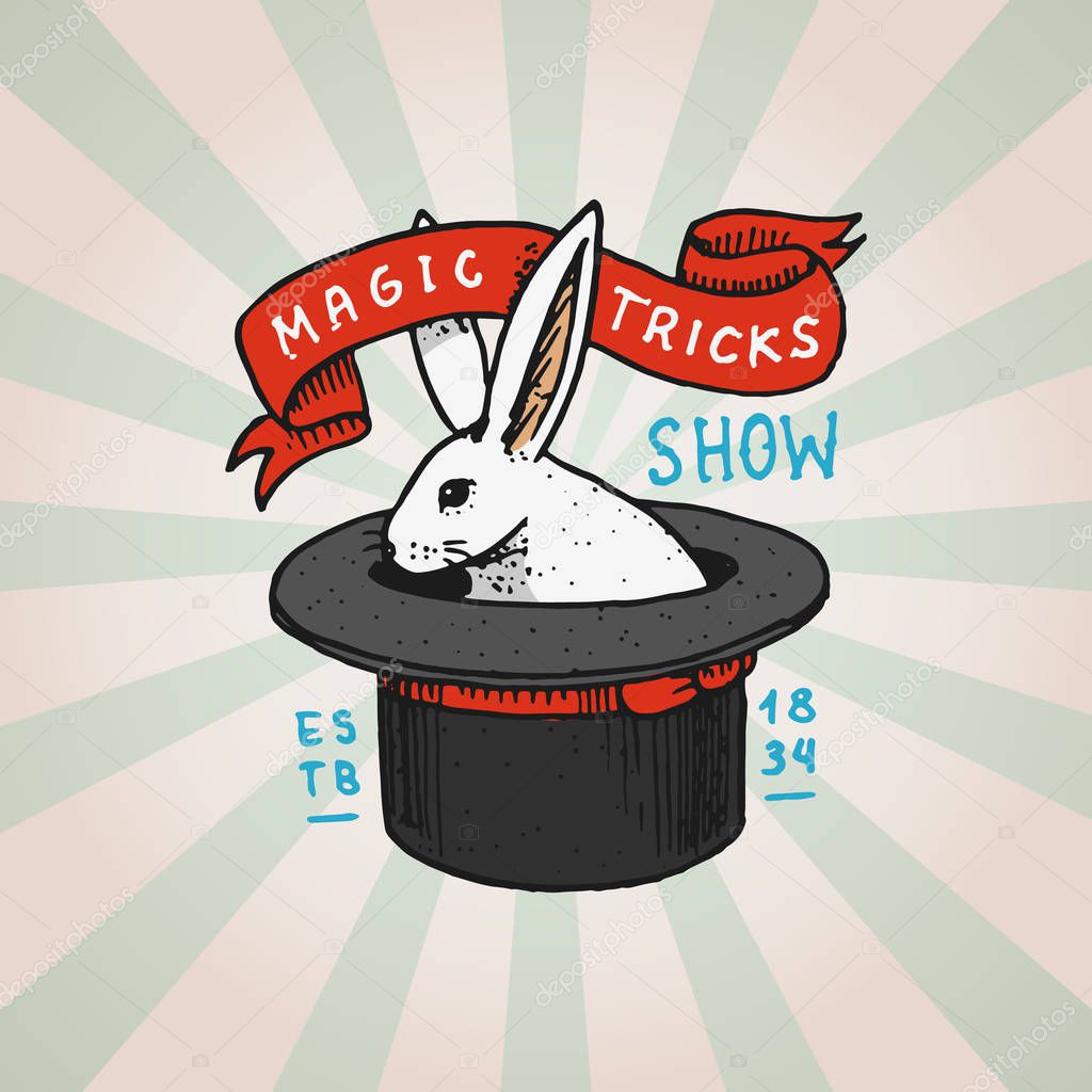 Circus rabbit in cylinder hat badge. Retro cute animal. Vintage Carnival logo or emblem. Label for the festival banner and show. engraved hand drawn sketch
