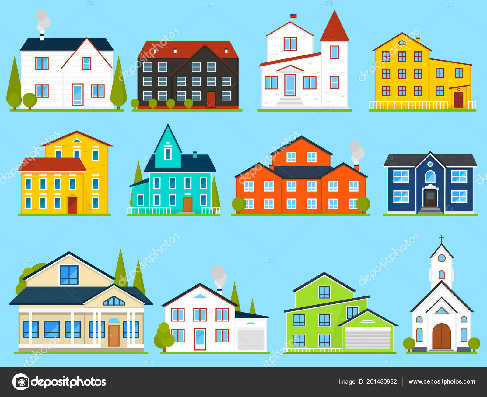 Et søtt hus eller leiligheter. Familiehus i USA. Nabolag med koselige hjem.  Tradisjonell moderne hytte for infografi eller applikasjonsgrensesnitt.  Tegning av bygningens vektor. Flatstil stockvektor © ArthurBalitskiy  #201480982, image size:1600x1303