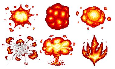 Piksel sanat patlamalar. oyun simgeleri ayarlayın. Duygu için komik patlama alev efektleri. 8-bit vektörü. Bang patlaması duman dinamitle flash nükleer kabarcık patlayabilir. Animasyon karesi. İşlem adımları, Video yangın.