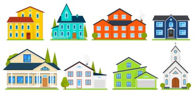 Küçük şirin ev veya daireler. Aile Amerikan townhouse. Mahalle rahat evleri ile. Geleneksel Modern cottage infographics veya uygulama arabirimi için. Bina vektör çizim. Düz stil