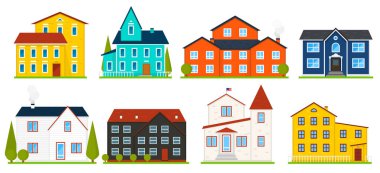 Küçük şirin ev veya daireler. Aile Amerikan townhouse. Mahalle rahat evleri ile. Geleneksel Modern cottage infographics veya uygulama arabirimi için. Bina vektör çizim. Düz stil