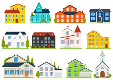 Küçük şirin ev veya daireler. Aile Amerikan townhouse. Mahalle rahat evleri ile. Geleneksel Modern cottage infographics veya uygulama arabirimi için. Bina vektör çizim. Düz stil