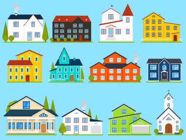Küçük şirin ev veya daireler. Aile Amerikan townhouse. Mahalle rahat evleri ile. Geleneksel Modern cottage infographics veya uygulama arabirimi için. Bina vektör çizim. Düz stil