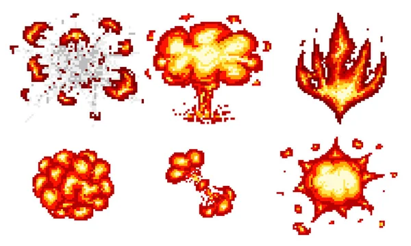 Pixelkunst explodiert. Spielsymbole gesetzt. Comic-Boom Flammeneffekte für Emotionen. 8-bit-Vektor. Knall platzte explodieren blitzartige nukleare Blase Dynamit mit Rauch. Animationsbild. Prozessschritte, Video-Feuer. — Stockvektor