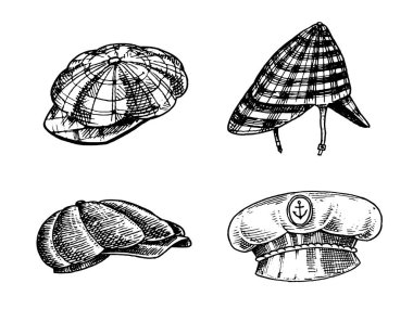 Yaz vintage şapka koleksiyonu şık erkek için. Fedora kap Derby Deerstalker Homburg Melon saman bere Kaptan kovboy Porkpie hasır şapka kadar yükseldi. Retro moda seti. İngiliz tarzı. Elle çizilmiş kroki.