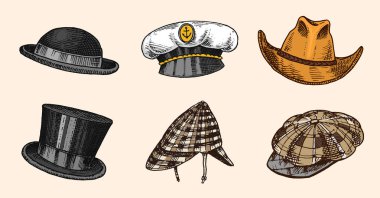 Yaz vintage şapka koleksiyonu şık erkek, kadın, erkek ve bayanlar için. Fedora Derby Deerstalker Homburg Melon saman bere Kaptan kovboy Porkpie hasır şapka. Retro moda seti. İngiliz tarzı elle çizilmiş