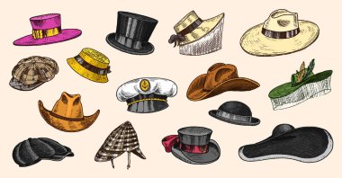 Yaz vintage şapka koleksiyonu şık erkek, kadın, erkek ve bayanlar için. Fedora Derby Deerstalker Homburg Melon saman bere Kaptan kovboy Porkpie hasır şapka. Retro moda seti. İngiliz tarzı. Elle çizilmiş
