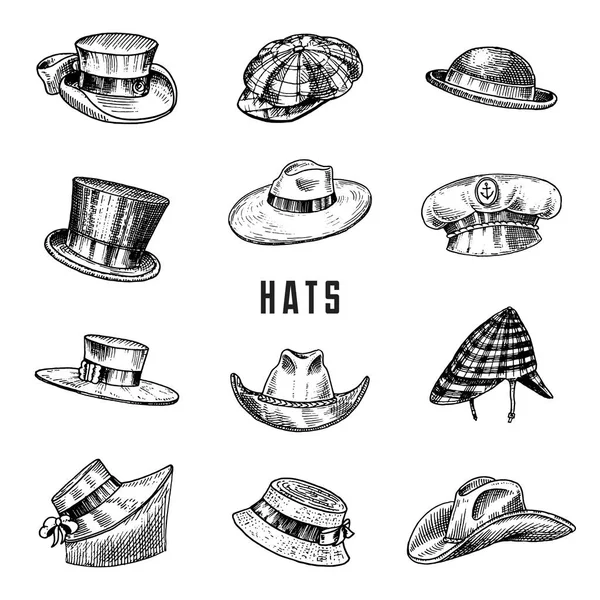 Coleção de chapéus vintage de verão para homens elegantes, mulheres, mulheres e senhoras. Fedora Derby Deerstalker Homburg Bowler Palha Boina Capitão Cowboy Porkpie Boater. Conjunto de moda retro. Estilo inglês. Desenhado à mão —  Vetores de Stock