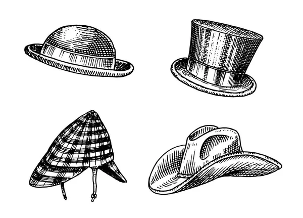 夏のエレガントな男性のためのヴィンテージの帽子コレクション。Fedora ダービー鹿撃ち帽ホンブルク ボウラー ストロー ベレー キャプテン カウボーイ Porkpie カンカン帽ハンチング。レトロなファッションのセット。英語のスタイルです。手描きのスケッチ. — ストックベクタ