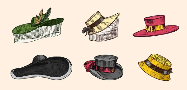 Yaz vintage şapka koleksiyonu şık erkek, kadın, erkek ve bayanlar için. Fedora Derby Deerstalker Homburg Melon saman bere Kaptan kovboy Porkpie hasır şapka. Retro moda seti. İngiliz tarzı. Elle çizilmiş — Stok Vektör
