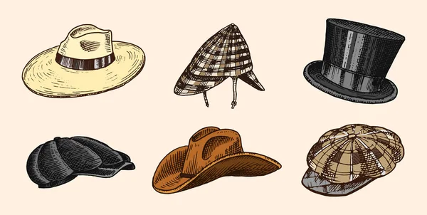 Letní vintage čepice kolekce pro elegantní muže, Žena, Žena a dámy. Fedora Derby Deerstalker Homburg Bowler slámy baret kapitán kovboj Porkpie slaměný klobouk. Retro módní sada. Anglický styl. Ručně kreslenou — Stockový vektor