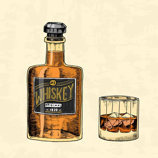 Vintage whisky fles met label en een glas. Amerikaanse badge. Alcoholische Label met kalligrafische elementen. Hand getrokken schets gegraveerde letters voor t-shirt. Klassiek frame voor fles poster banner. — Stockvector